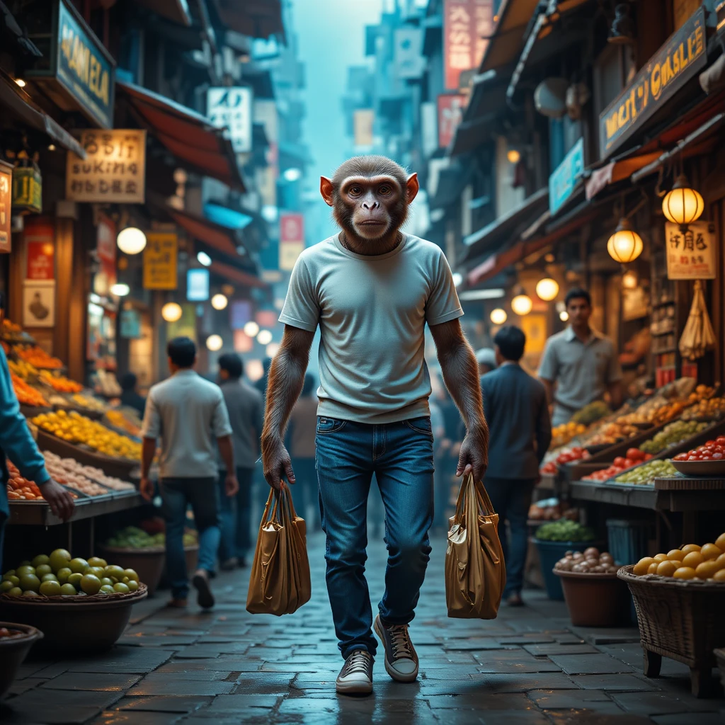 Realistic Monkey Walking Upright In A Busy Street Market