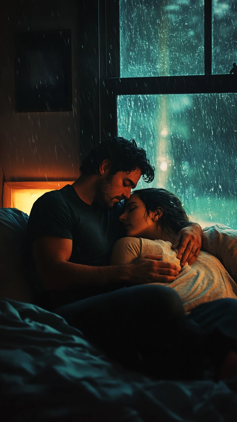 Man Awake Beside Sleeping Wife In Storm Lit Bedroom
