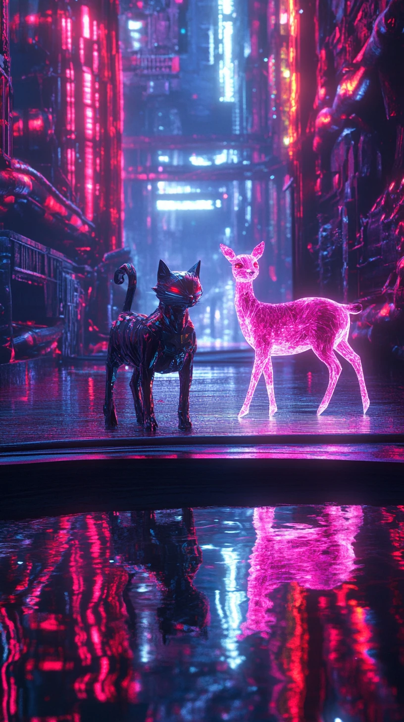 Gato mecânico e cervo de cristal em ponte cyberpunk neon