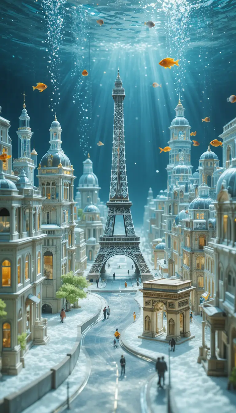 Miniature glass Paris cityscape inside a glowing aquarium