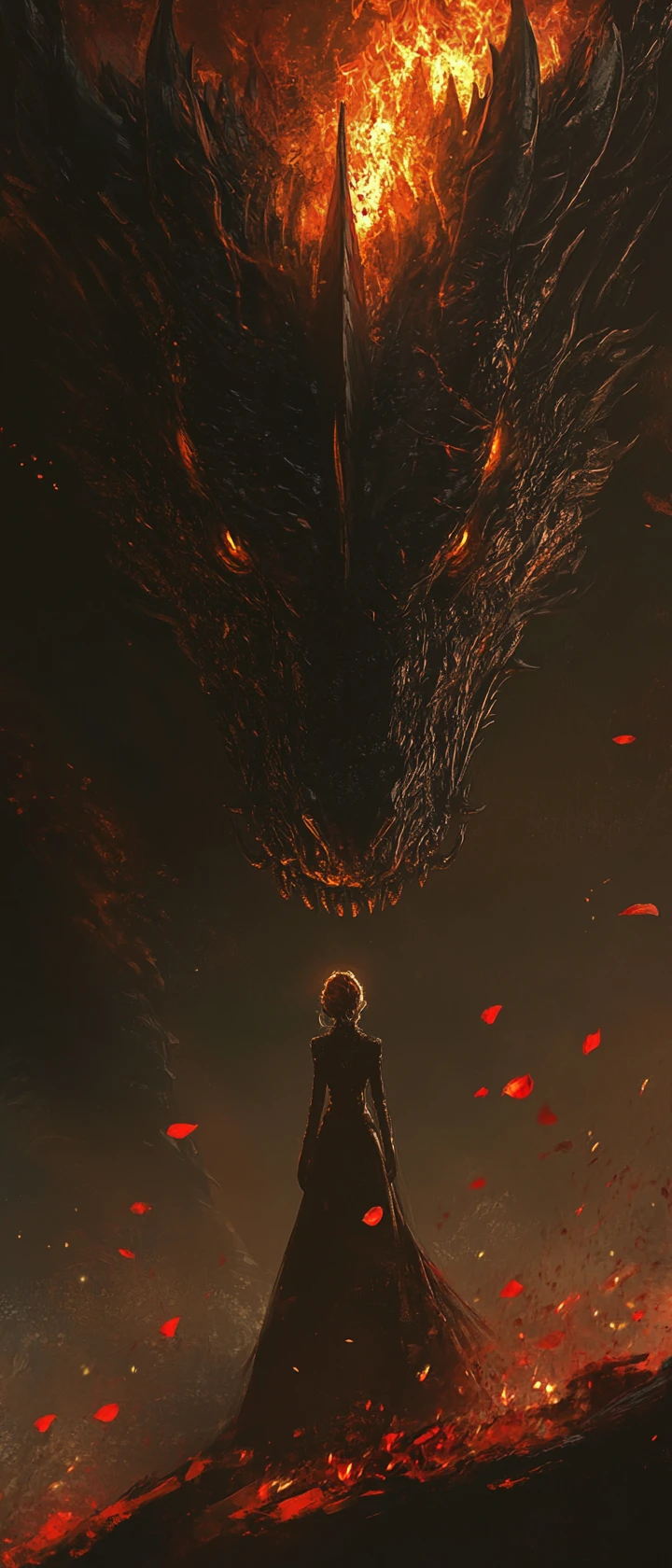 Fille aux cheveux de feu debout sur la tête d’un dragon