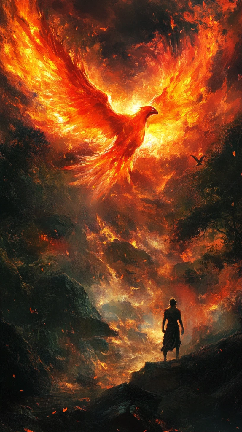 Viajante exausto observando uma fênix flamejante no céu noturno