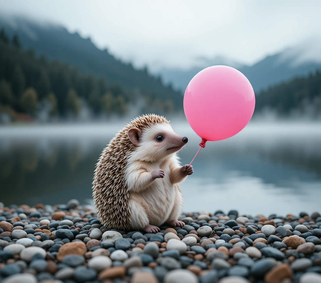Ouriço fofo com balão rosa à beira de um lago calmo e enevoado