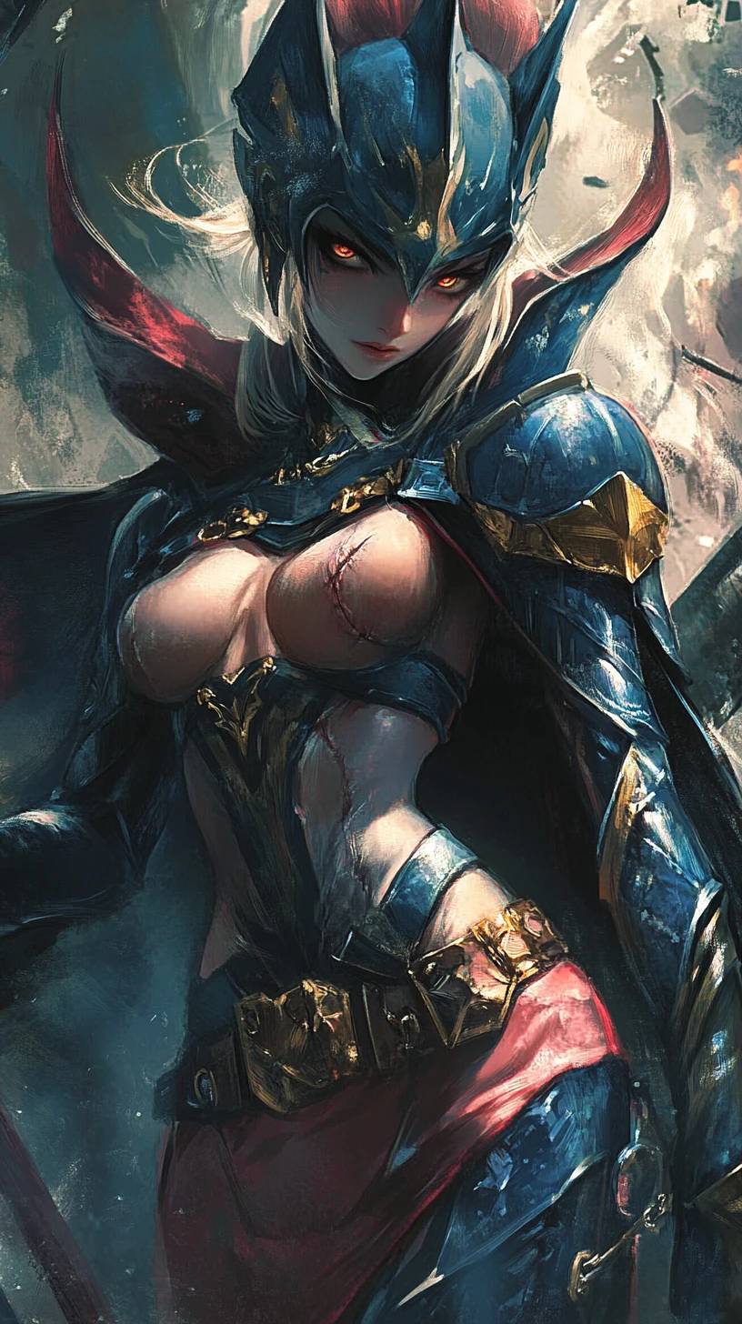 Narbenbedeckte Anime-Kriegerin in blauer Fantasy-Rüstung