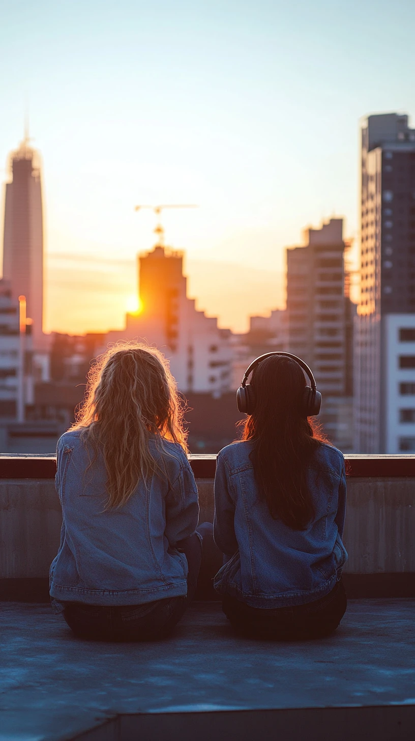 Deux amis partageant des écouteurs sur un toit au coucher du soleil