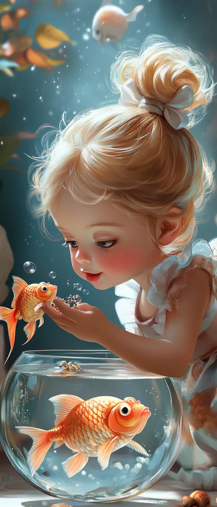 Petite fille nourrissant des poissons rouges dans une chambre douillette