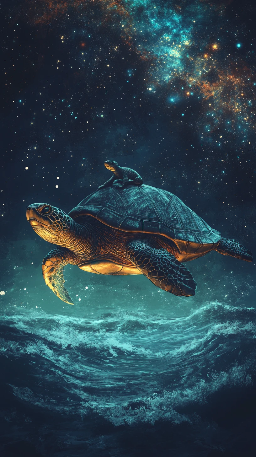 Antica tartaruga e serpente luminoso che attraversano un oceano stellato