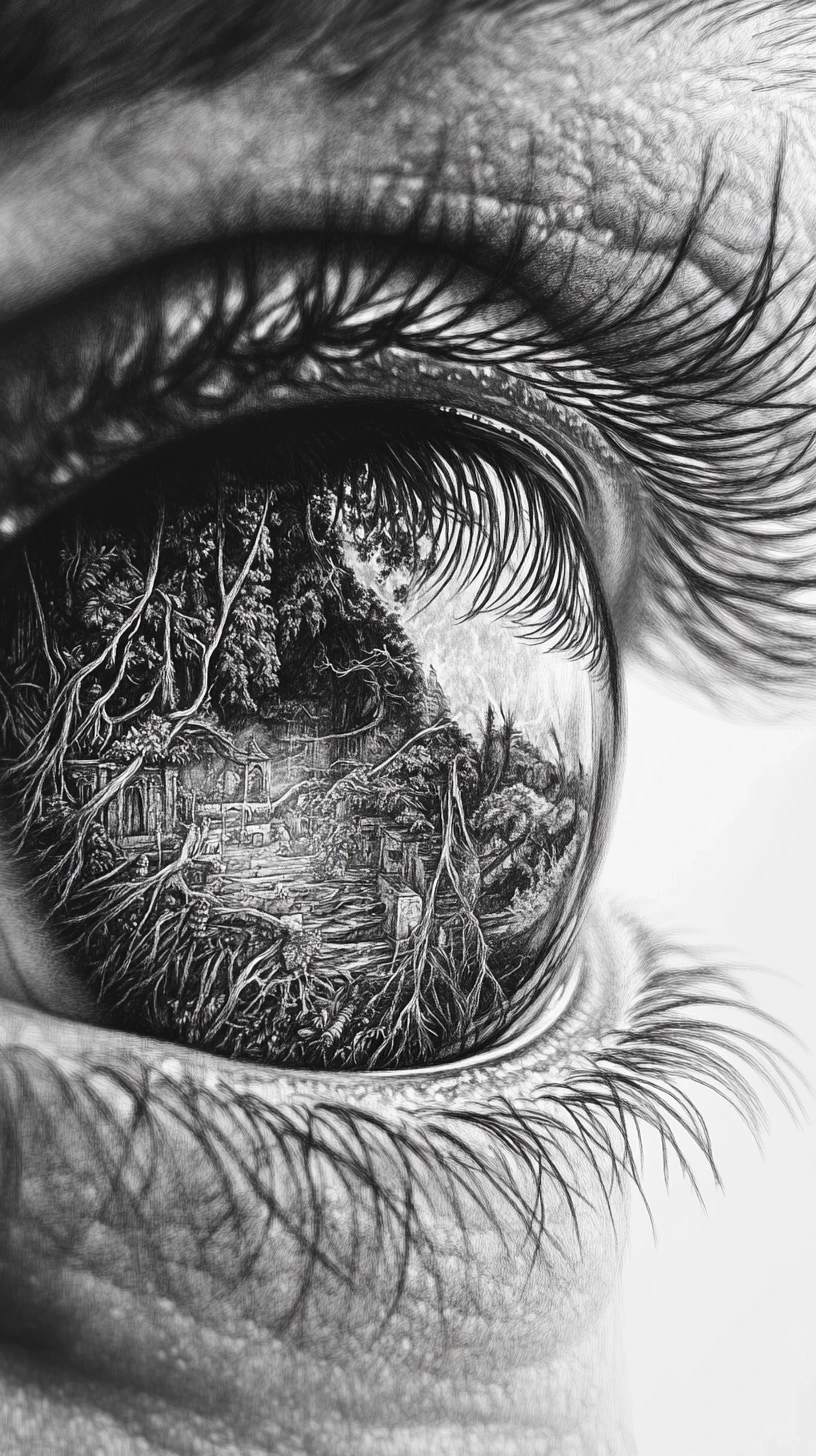 Elf eye close up with surreal fantasy forest reflection