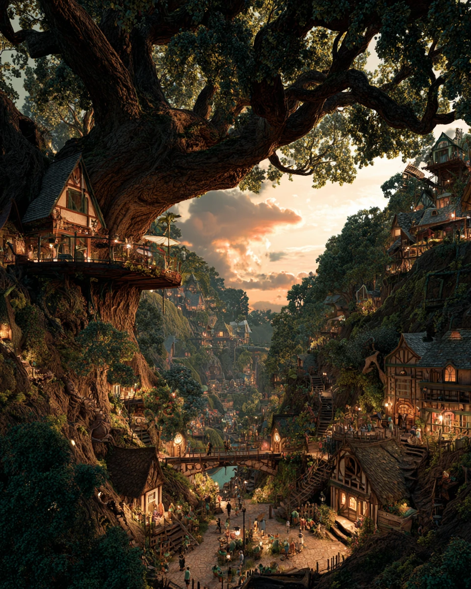 Whimsical valley village beneath a towering fantasy treehouse