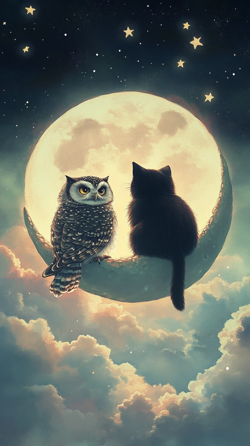 Gato e coruja sentados juntos em uma lua crescente