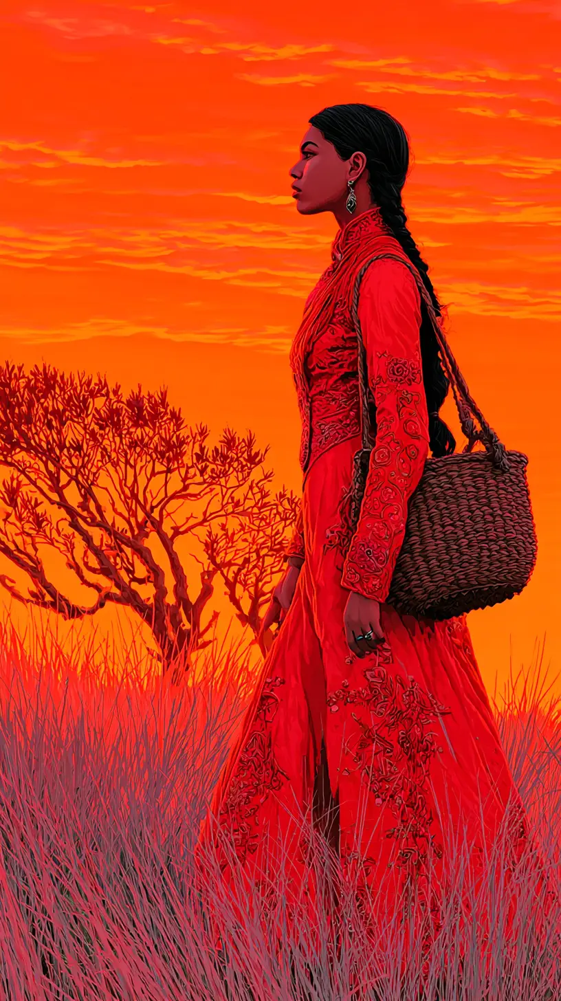 Junges Mädchen im roten Kleid auf einem Feld bei Sonnenuntergang