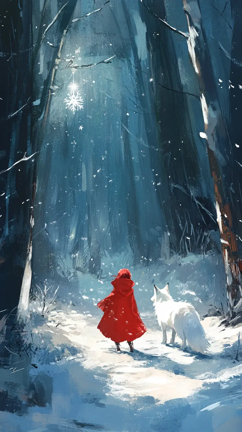小女孩與白狐漫步在雪中水彩森林