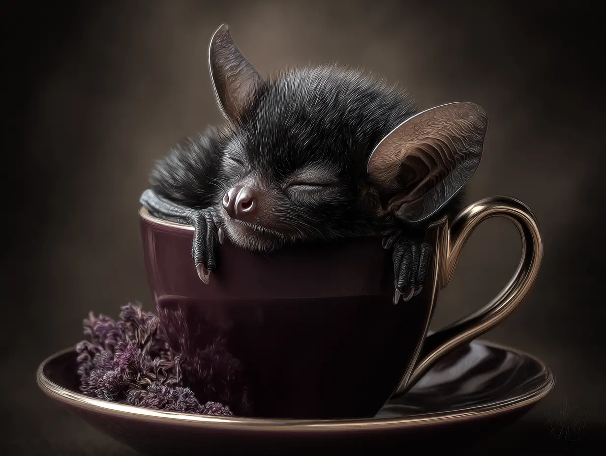 大きなコーヒーカップを静かに抱きしめるかわいい黒いコウモリ