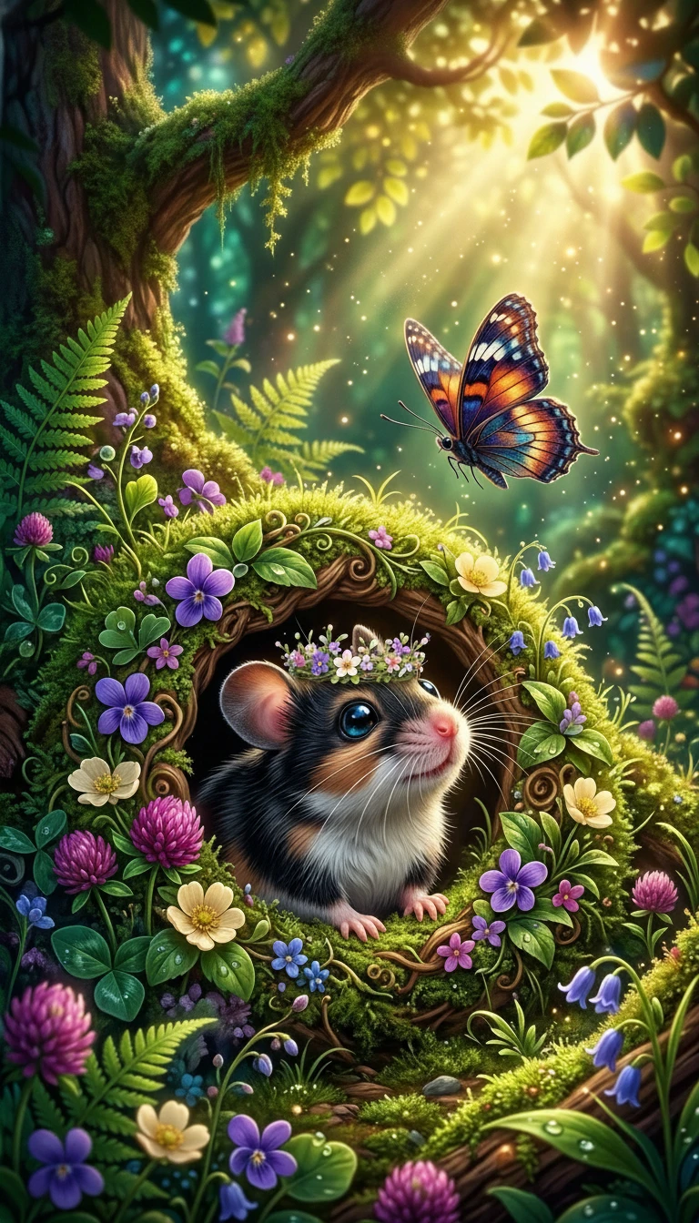Ratinho fofo em toca no jardim florido com borboleta