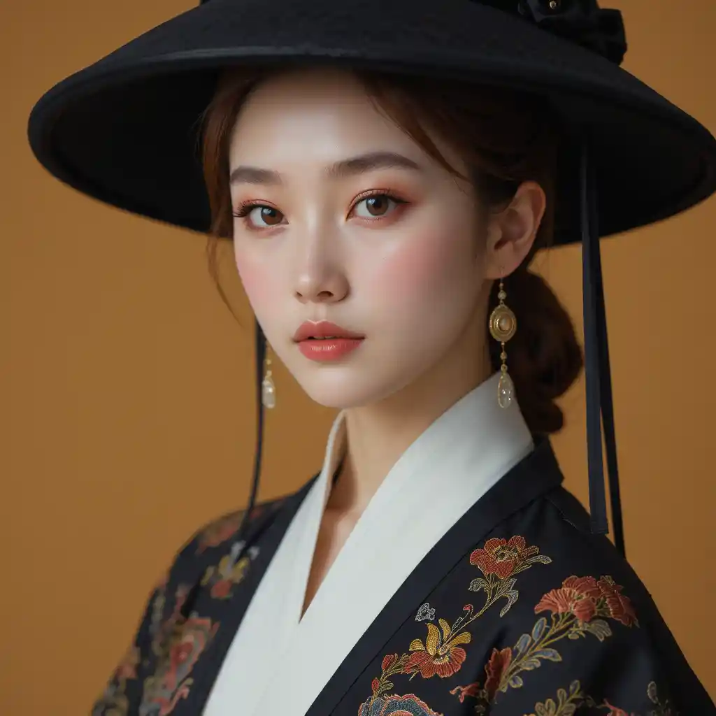 Young korean woman in hanbok portrait with velvet cap