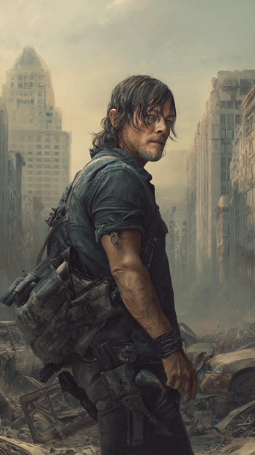 Close up of armed survivors in post apocalyptic city