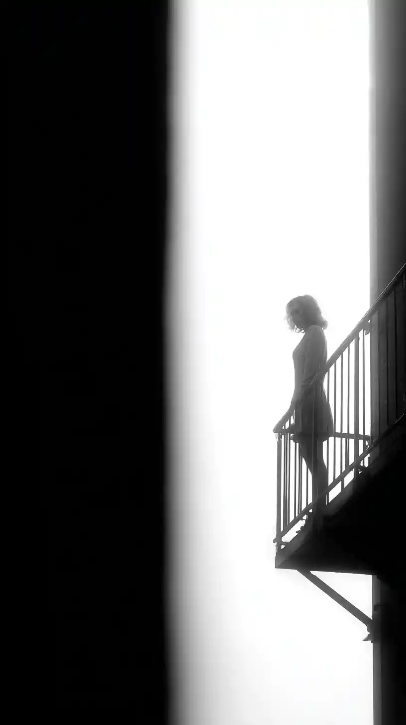 Woman standing on balcony seen from dramatic low angle
