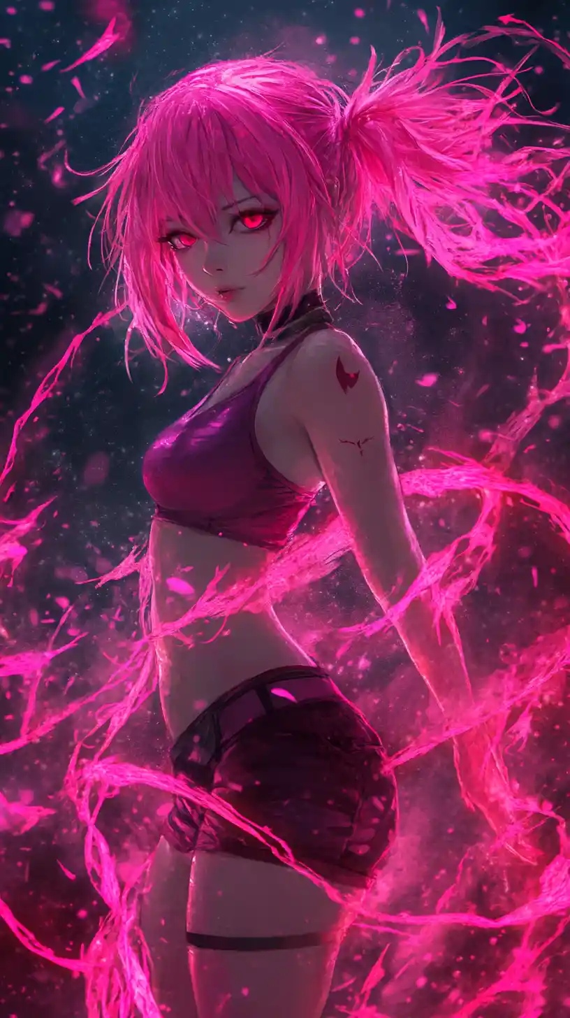 Ragazza anime con energia rosa in una scena cosmica stellata