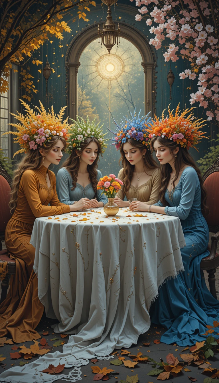 Quatro mulheres sazonais sentadas juntas a uma mesa antiga