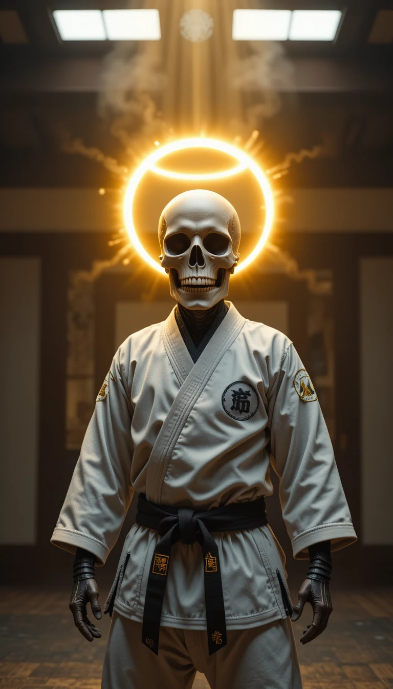 Crâne en Kimono de Karaté avec Halo Angélique Lumineux dans le Dōjō