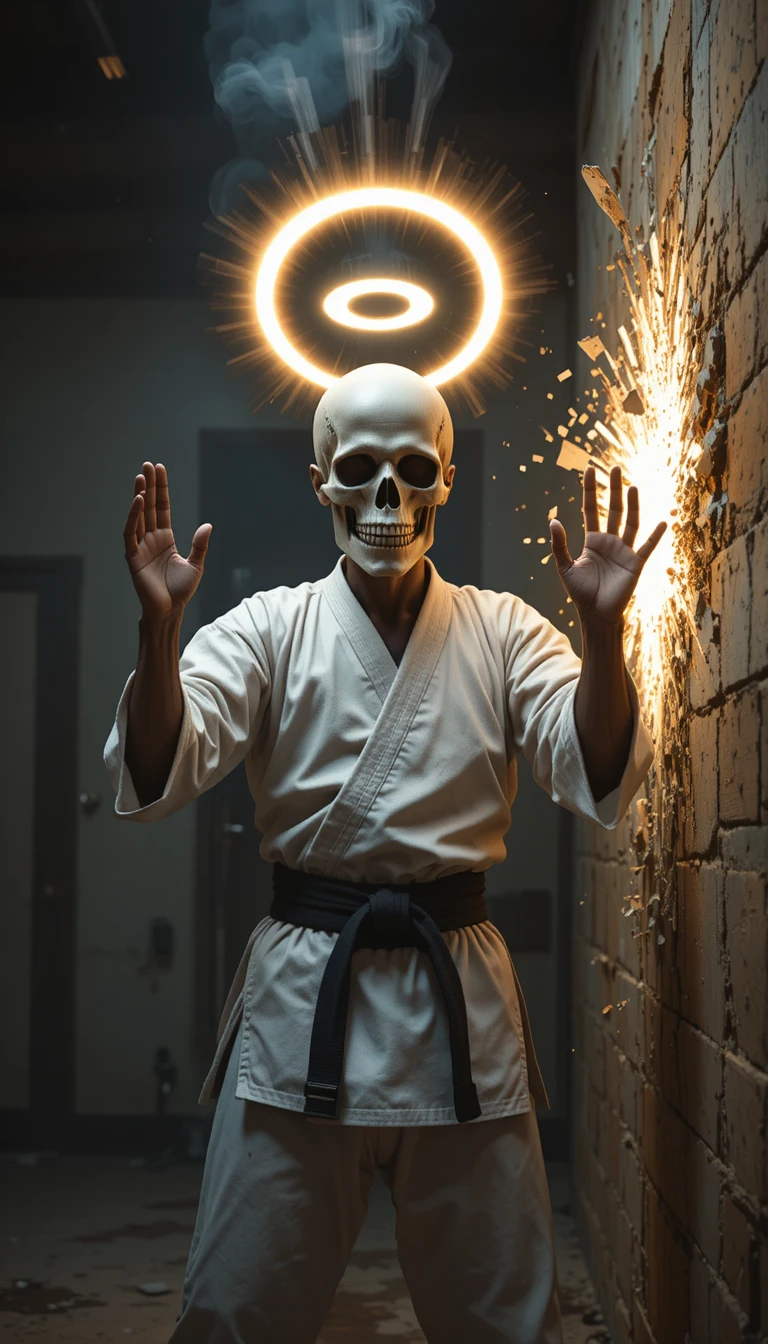 Guerrier squelette sacré projetant de l’énergie dans un dojo