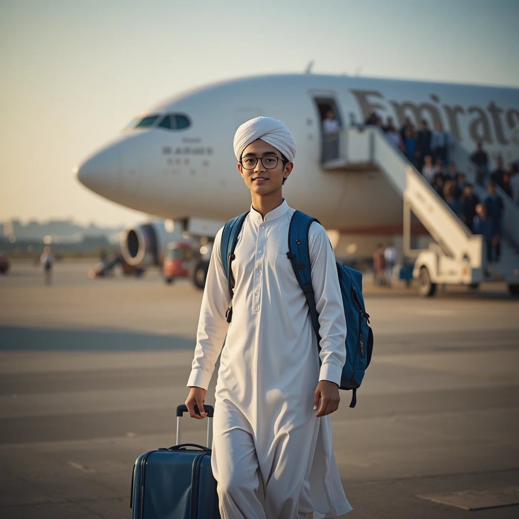 Menino andando na pista do aeroporto ao lado de avião de passageiros