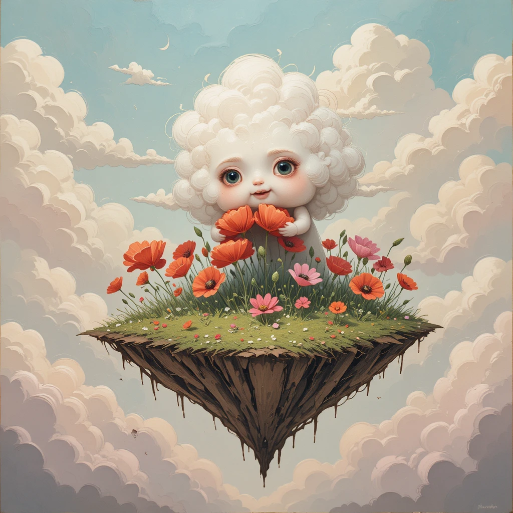 떠 있는 섬 위 양귀비와 함께하는 기 whimsical 구름 생명체