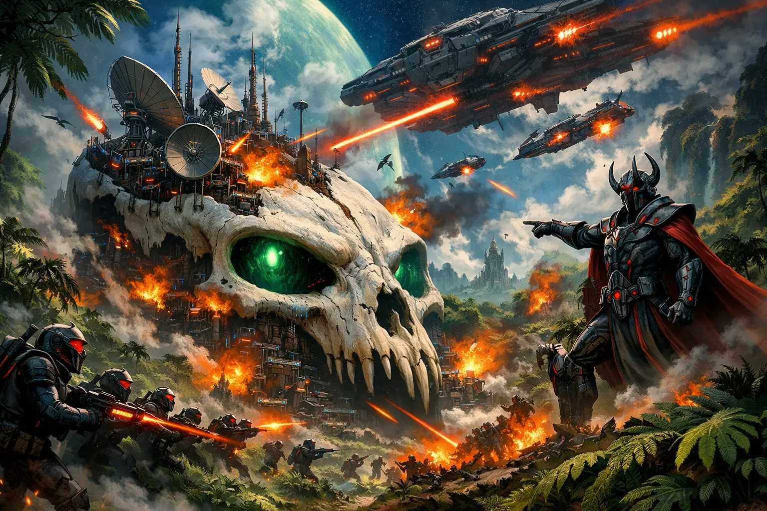 Alien city built in a colossal skull on jungle planet