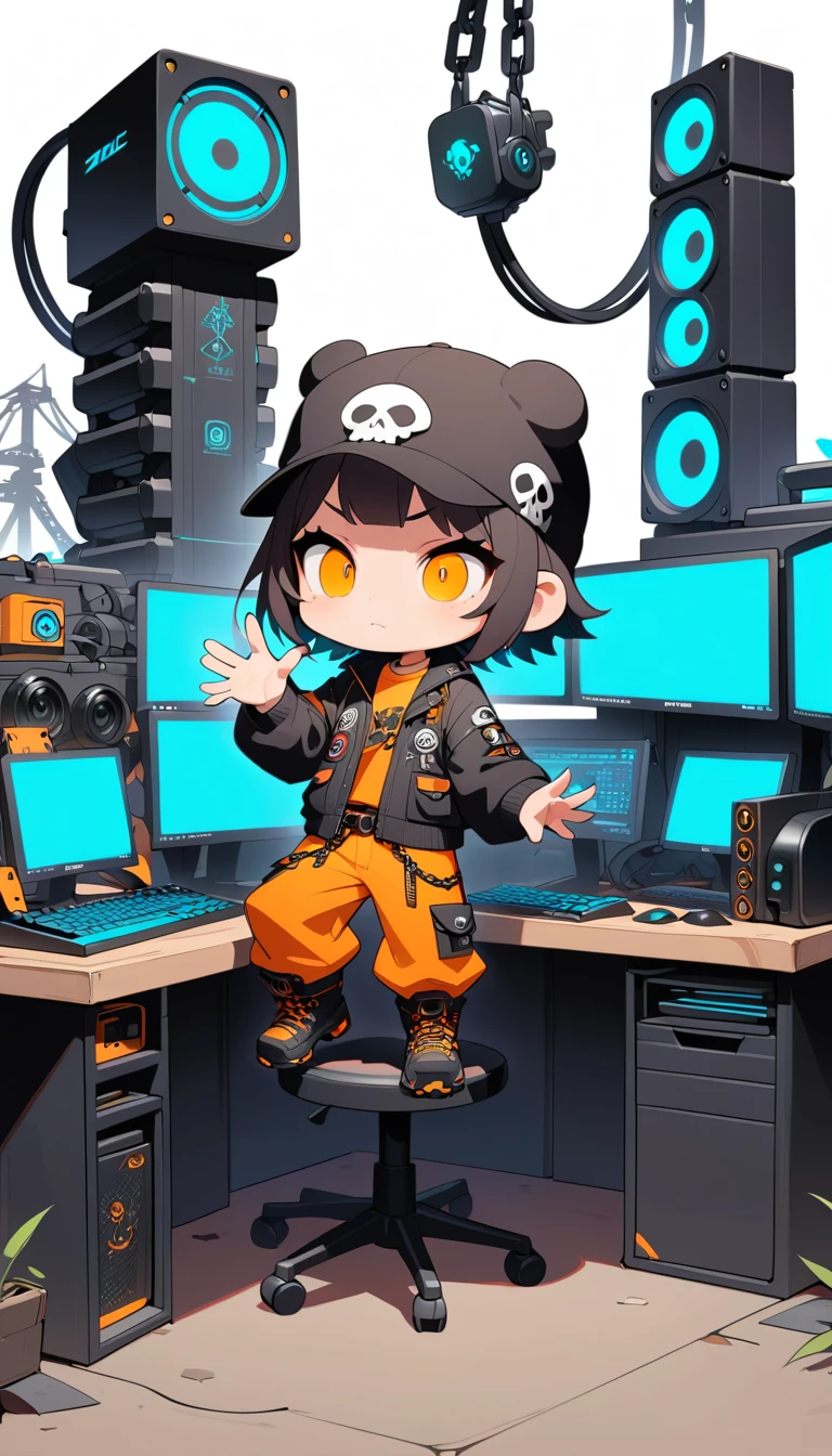 Chibi gamer boy at industrial battlestation desk