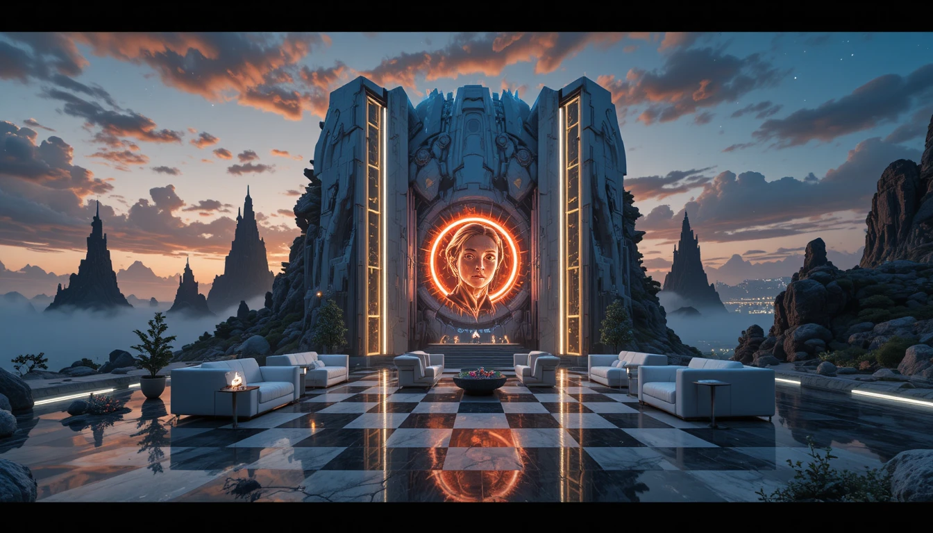 Futuristischer Kristallmonolith über entfernter Metropole