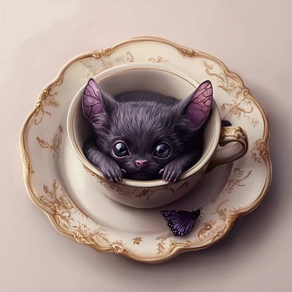 大きなコーヒーカップを抱きしめるかわいい黒いコウモリ