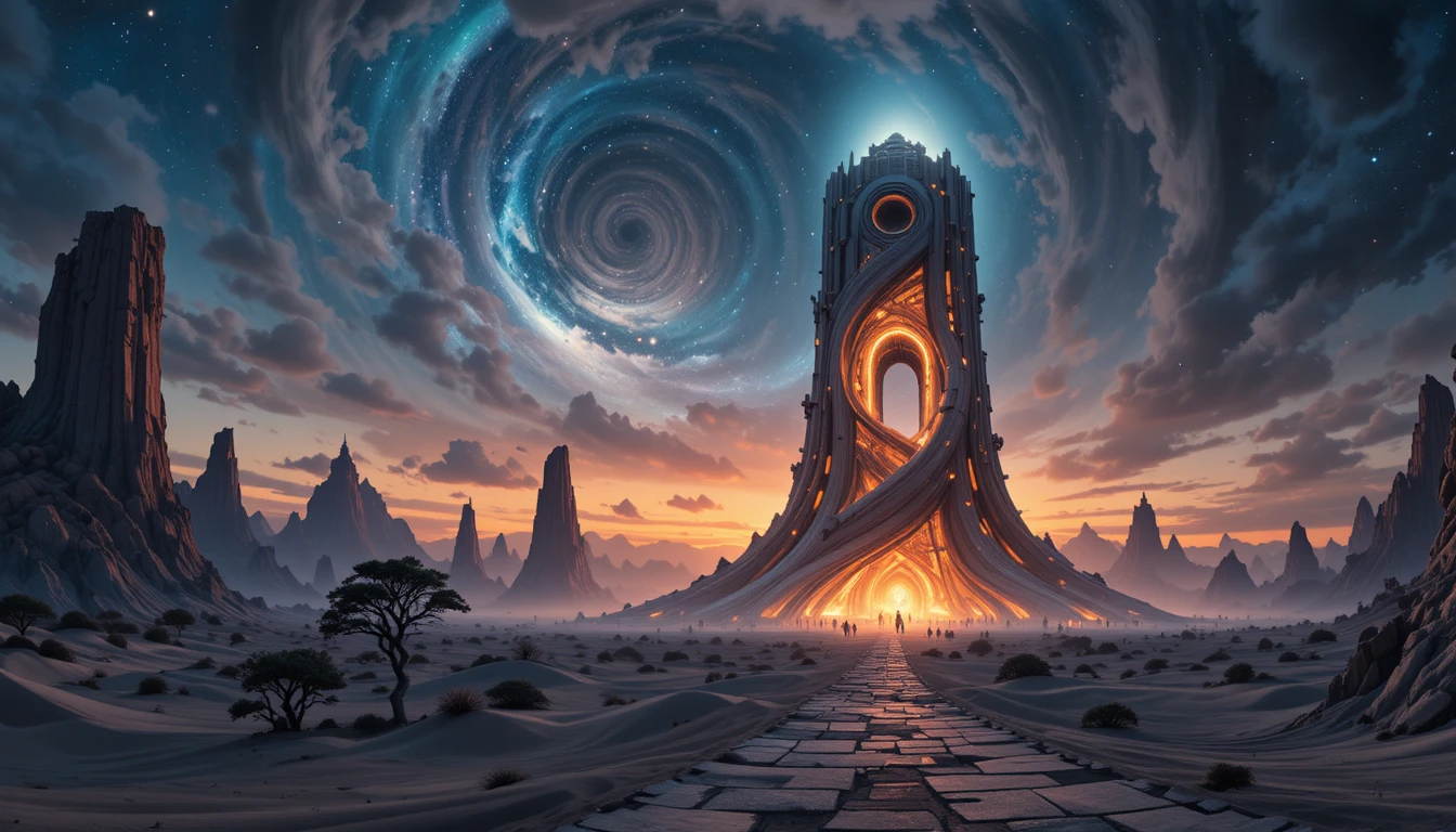 Futuristischer monolithischer Leuchtturm über einem kosmischen Ozean in der Dämmerung