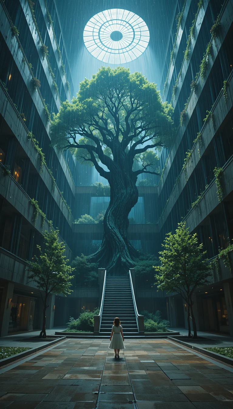 Edificio futuristico trafitto da un albero gigante dopo la pioggia