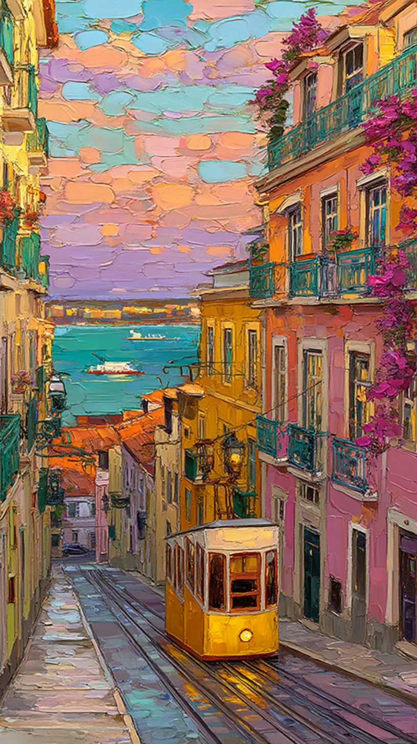 Tramway de Lisbonne gravissant une rue pastel au coucher du soleil