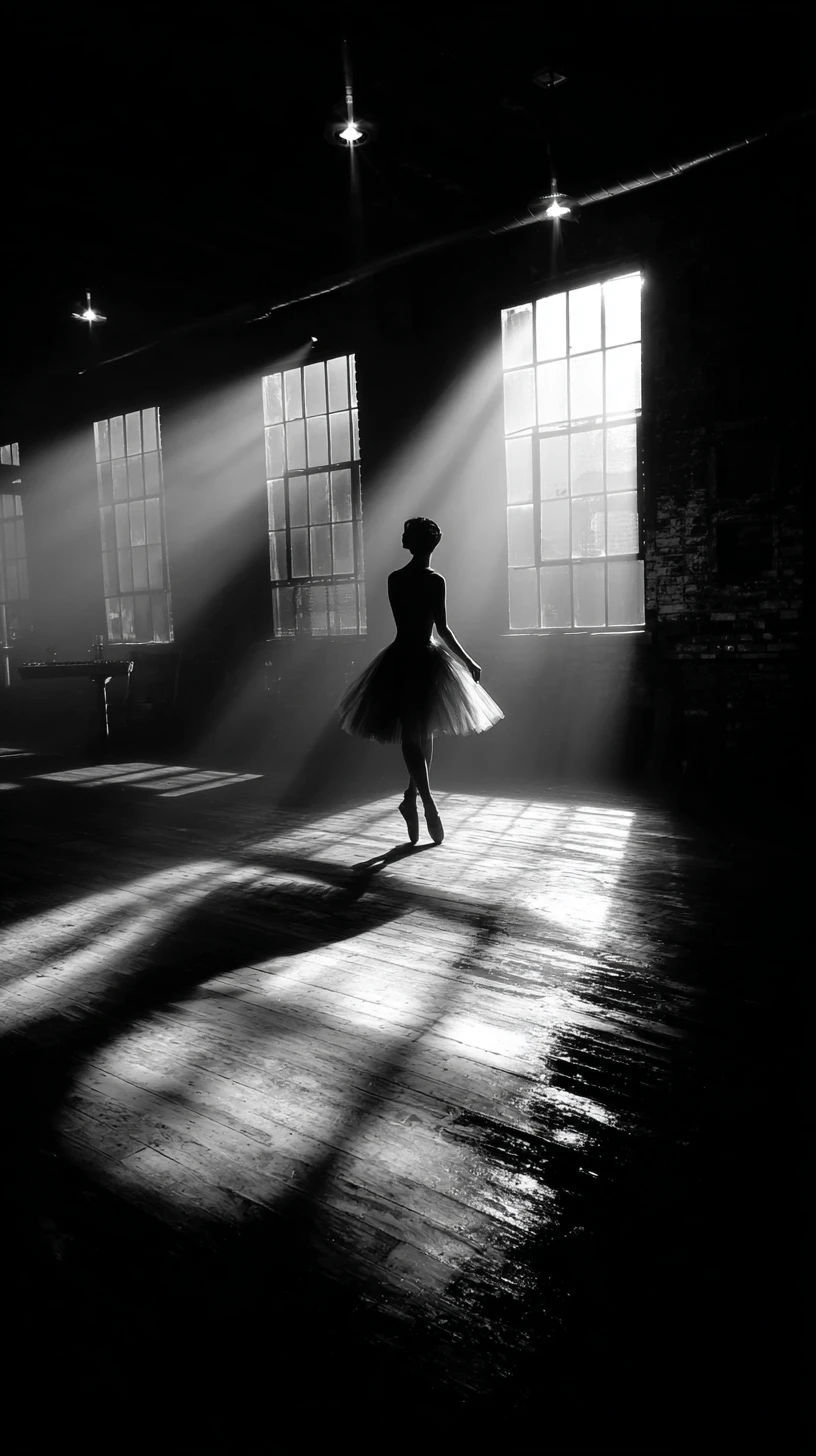 Ballerina auf Spitze im rauchigen High-Contrast-Tanzstudio