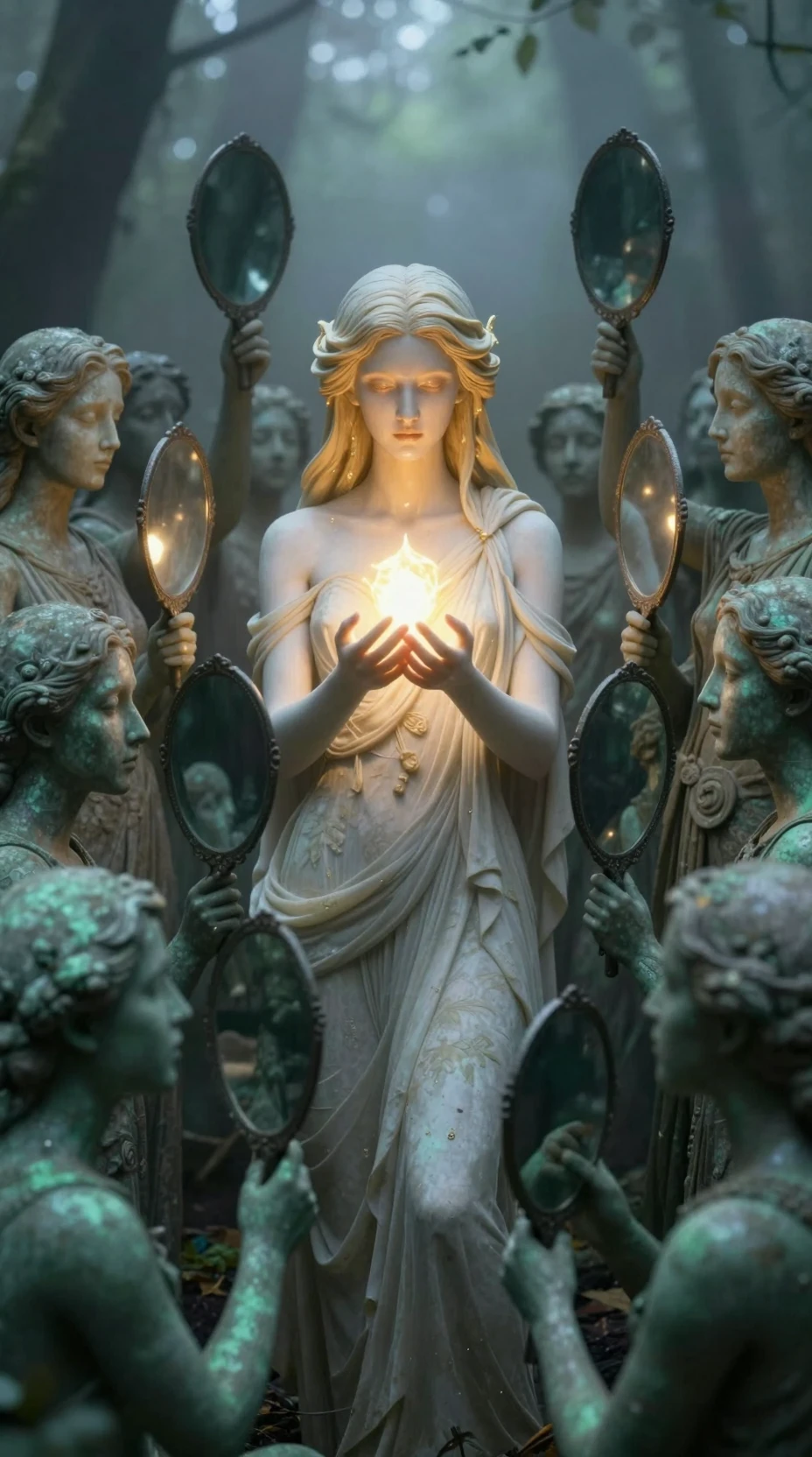 Ethereal Woman Holding Radiant Light Amid Silent Statues