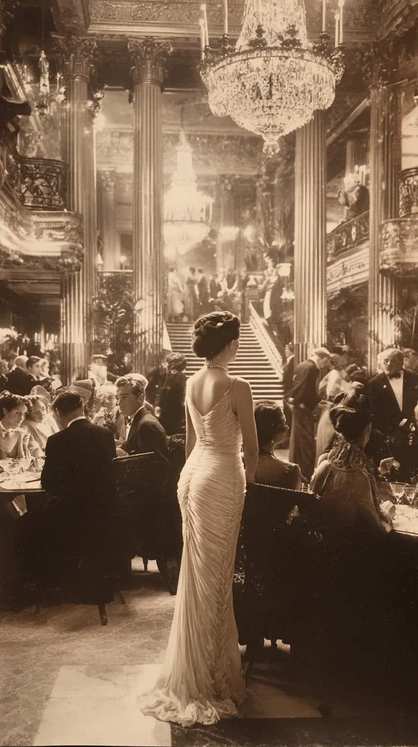 Donna elegante in una sala da ballo seppia illuminata da un lampadario