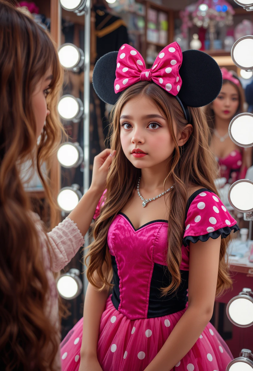 Menino de vestido rosa da Minnie fazendo maquiagem em boutique