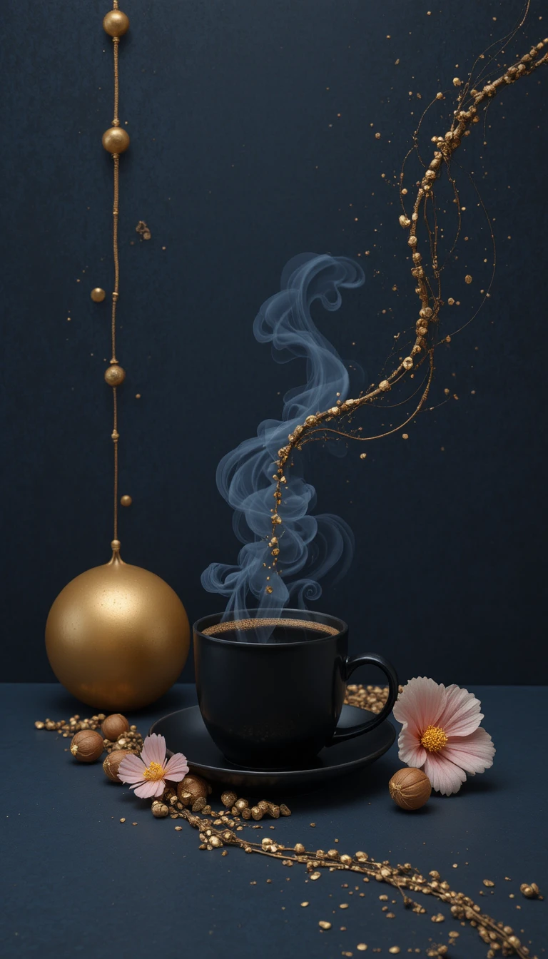 Tasse de café minimaliste avec sphères dorées et volute d’arôme