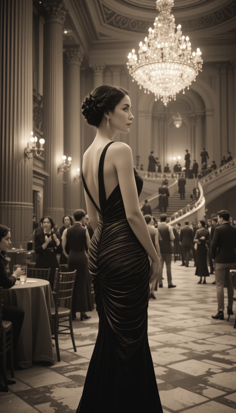 Elegante donna in abito da sera in un grande salone da ballo d’epoca