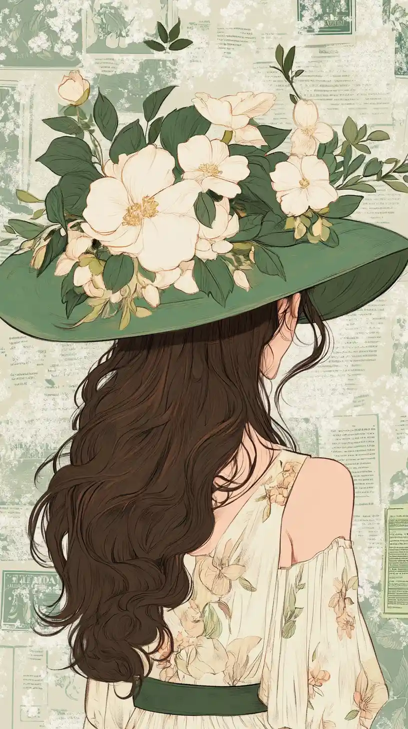 Anime-Frau im Blumenkleid mit breitkrempigem Hut