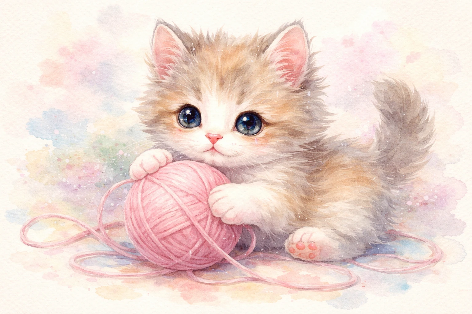 Adorable chaton duveteux jouant avec de la laine en aquarelle