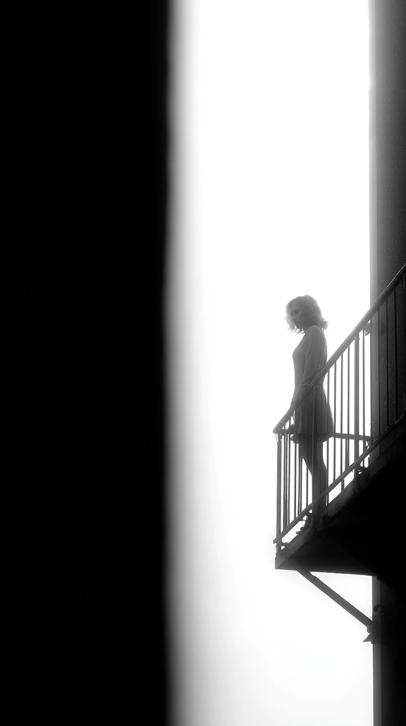 Woman standing on balcony seen from dramatic low angle