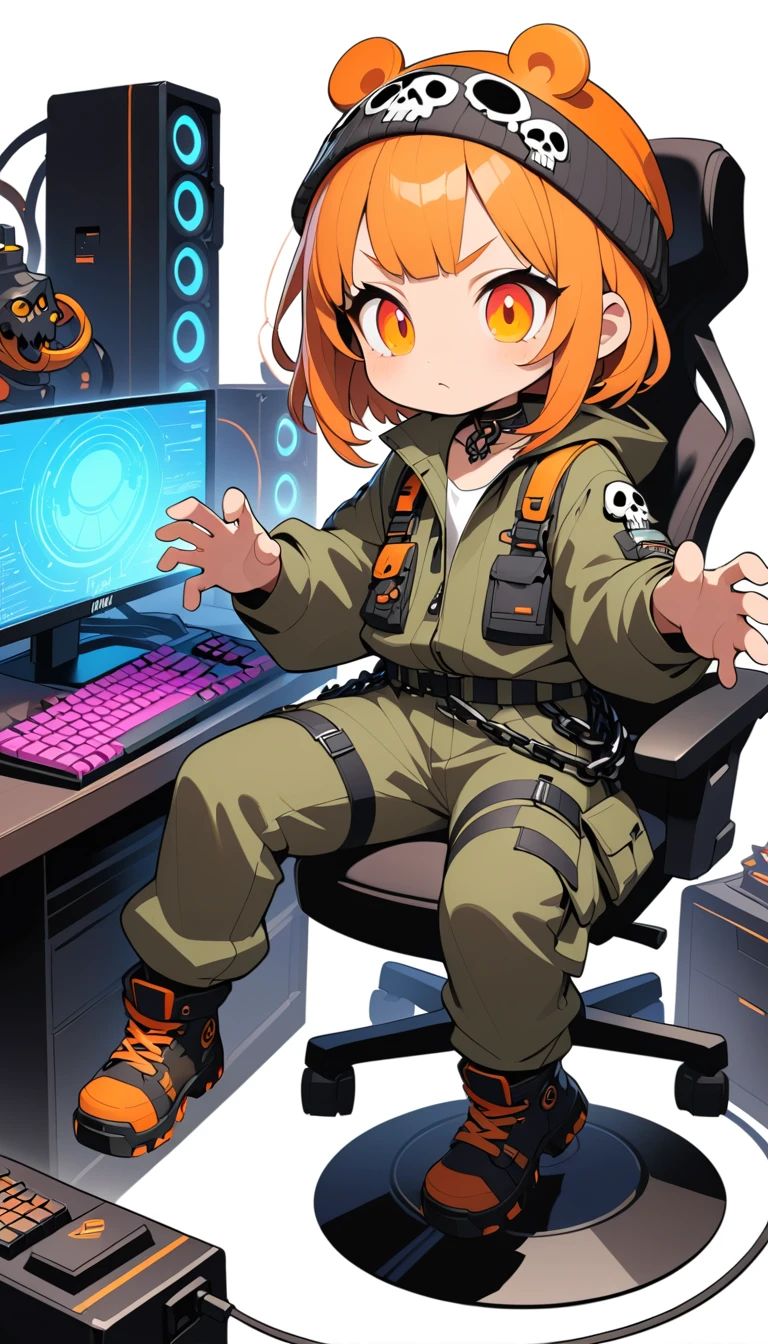 Gamer chibi à une battlestation industrielle avec PC lumineux