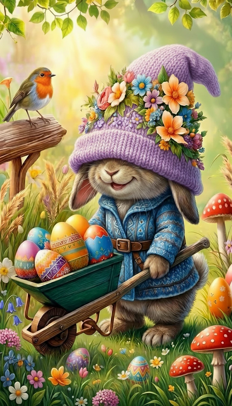 Coelho da Páscoa empurrando um carrinho de ovos coloridos