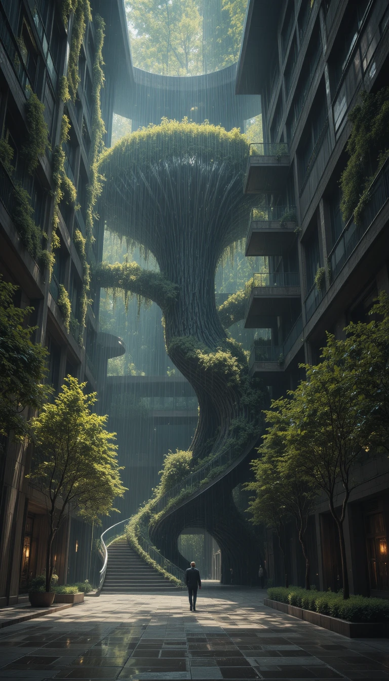 Torre futuristica con albero gigante sopra una piazza di pietra bagnata