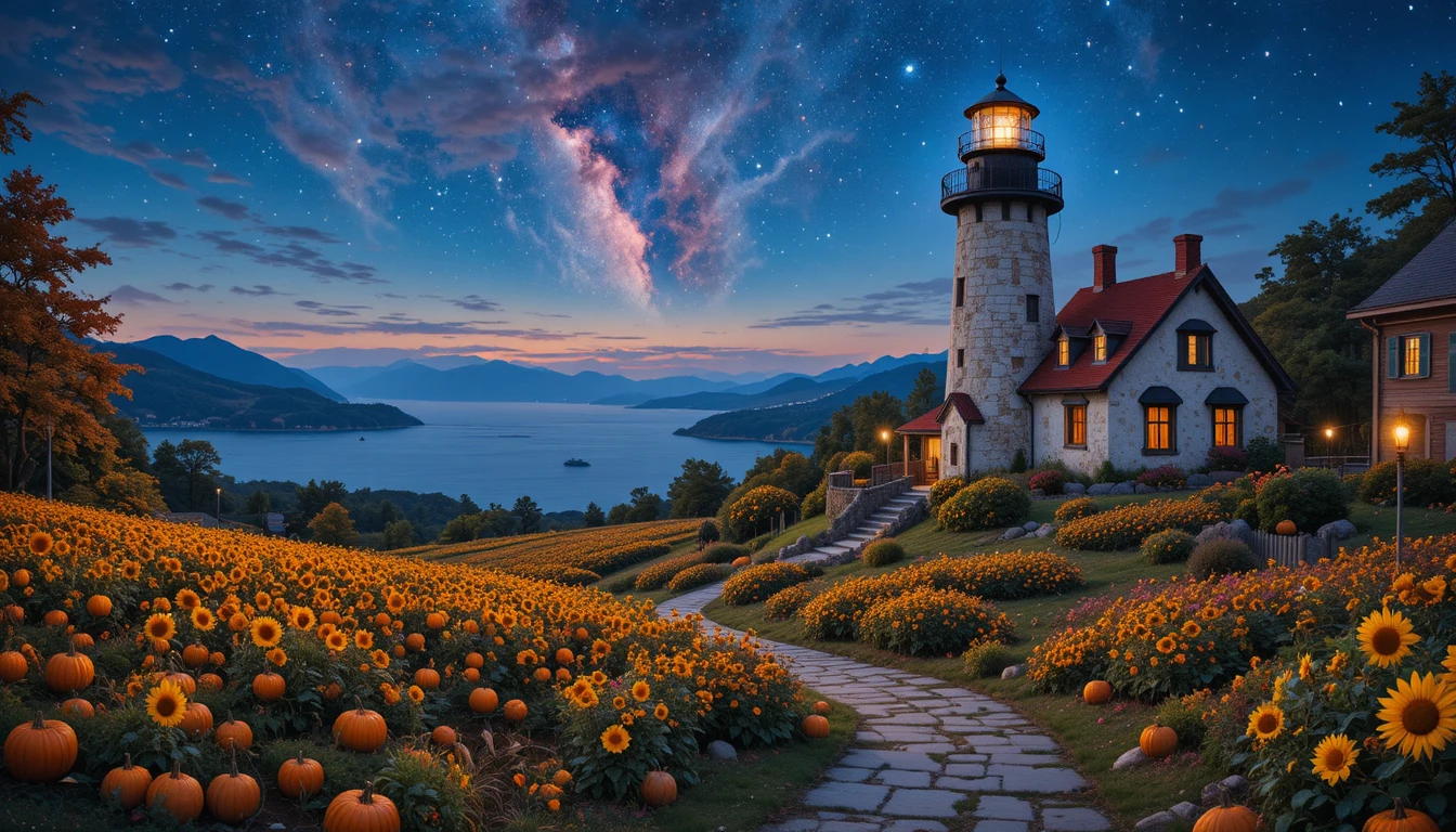 Coastal lighthouse under twilight sky with stars and ocean