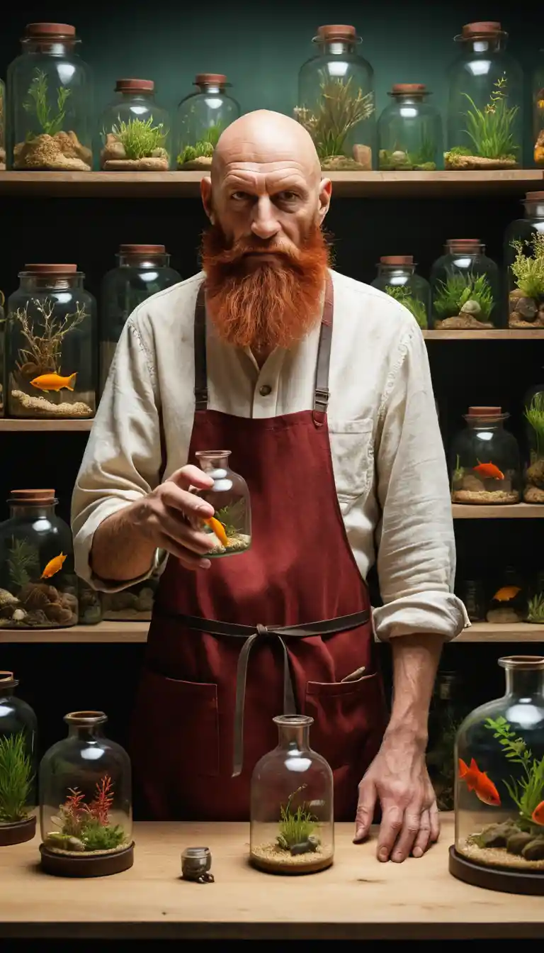 Bearded apothecary holding a tiny aquarium flask in shop