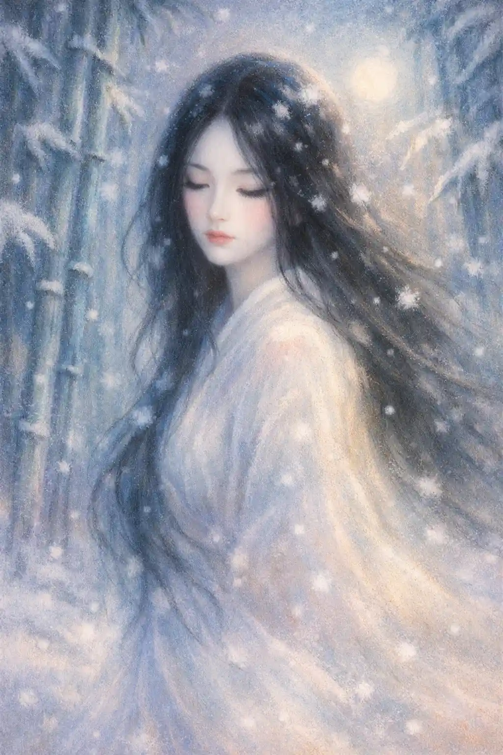 Ethereal snow woman in a moonlit bamboo forest