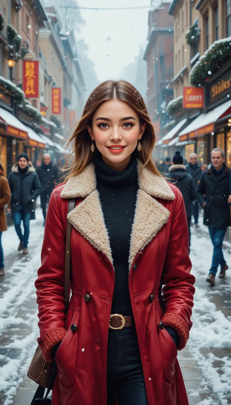 Mujer sonriente en calle de ciudad invernal con suave nevada